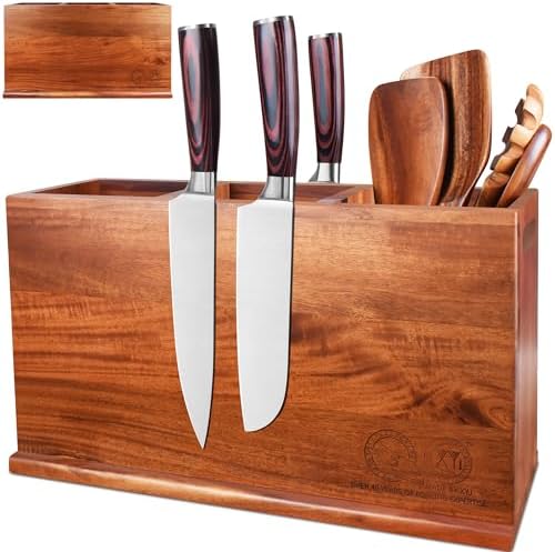 XYJ Acacia Wood Utensil Holder, 3-Compartment