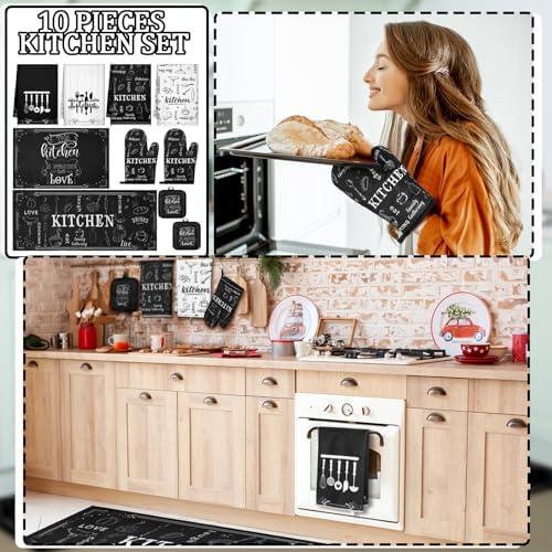 Fourluoo 10 Pcs Kitchen Towels Rugs Mats Set, Oven Mitts Pot Holders