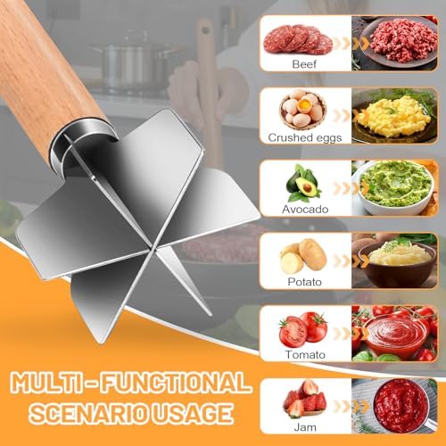 11 inch Stainless Steel Meat masher with 6 Blades, Metal Potato