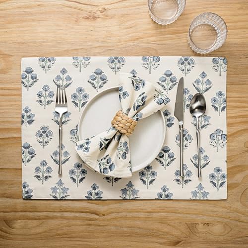Block Print Floral Decorative Placemats Set of 6, Dusty Blue