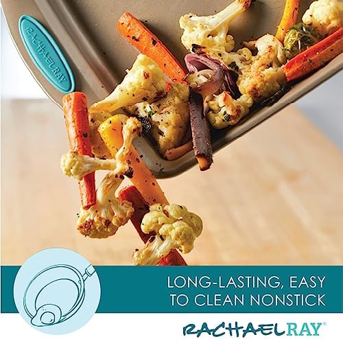 Rachael Ray 47578 Cucina Nonstick Bakeware Set with Grips Includes Nonstick Bread Pan, Baking Sheet, Cookie Sheet, Baking Pans, Cake Pan and Muffin Pan - 10 Piece, Latte Brown with Agave Blue Grips