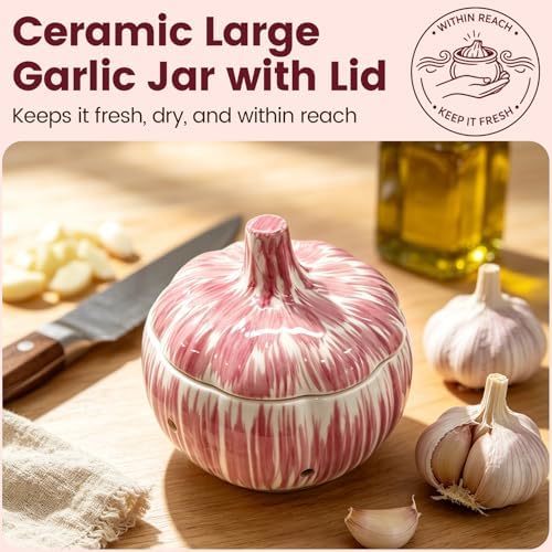 Purple Ceramic Garlic Keeper for Counter – With Lid & Vents, Garlic