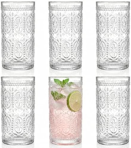 Bekith 6 Pack Romantic Drinking Glasses, 12 oz Highball Glasses, Thick