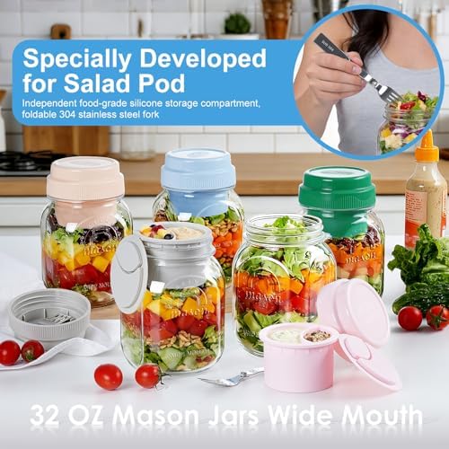 Syntic 32 Oz Glass Salad Jar with Silicone Dressing Cup & Foldable