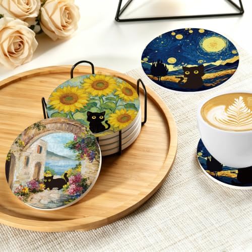 Colorful Black Cat Coasters Set of 6 with Holder