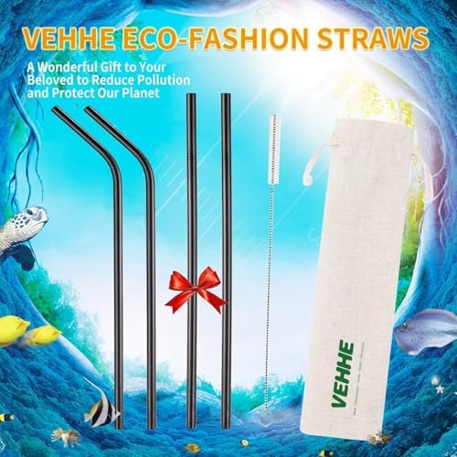 VEHHE Black Metal Straws, Stainless Steel Reusable Straws Set with