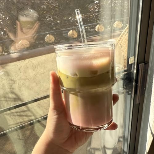 13oz Glass Tumbler with Straw and Lid, Leak Proof Iced Coffee Cup