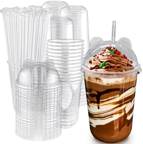 Qsqwsuye 16oz 50 Set Disposable Plastic Cups with Dome Lids and Straws