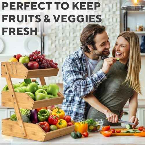 KOMFORA Bamboo 3 Tier Fruit Basket, Produce Basket for Kitchen Counter
