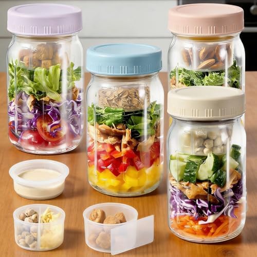4 Pack 32oz Glass Salad Mason Jar with Dressing Cup Lid Meal Prep for