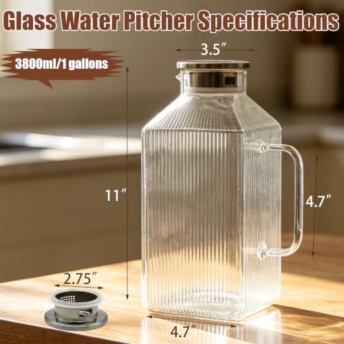1 Gallon Glass Iced Tea Pitcher with Lid Fridge Square Water Juice