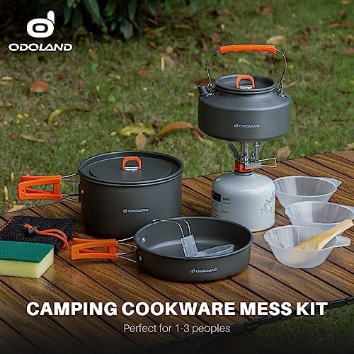 Odoland 10pcs Camping Cookware Camping Pots and Pans Set with Kettle