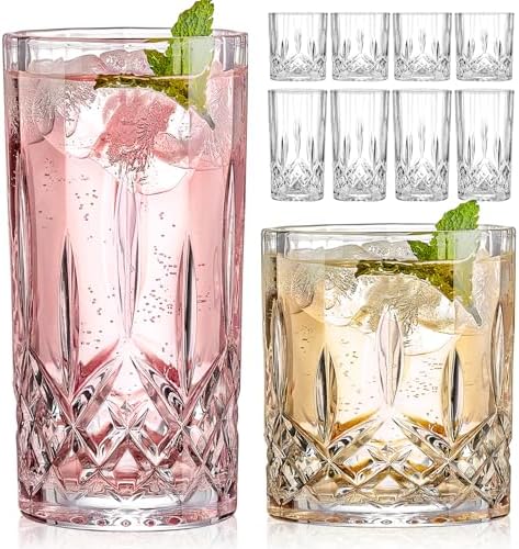 Qipecedm Drinking Glasses, 8 Piece Crystal Glass Cups, Mixed Glassware