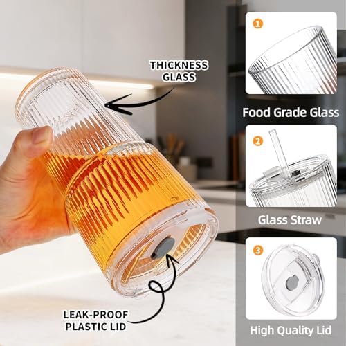20 OZ Glass Coffee Cups with Lids and Straws, Set of 4 Ribbed Glass