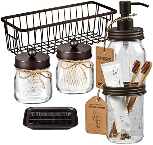 SheeChung Mason Jar Bathroom Accessories Set, 6Pcs Brown