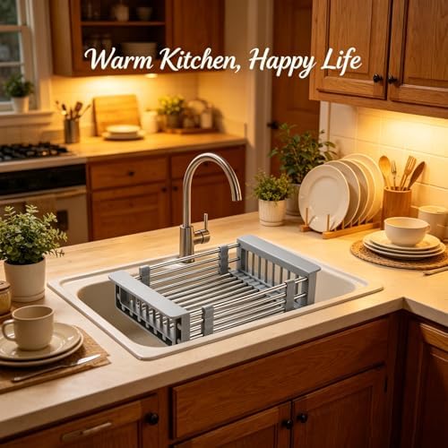 Expandable Sink Dish Drying Rack, Stainless Steel & ABS Sink Colander