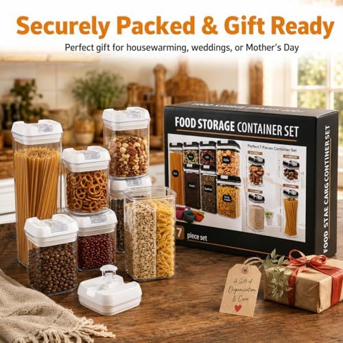 7-Piece Airtight Food Storage Containers with Lids, Clear Stackable Pantry Organization Set for Flour, Sugar, Cereal, Snacks and Kitchen Storage