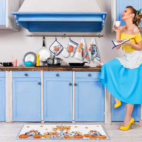 Fanfanwin 10 Pcs Fall Pumpkin Kitchen Decor Set Blue and White