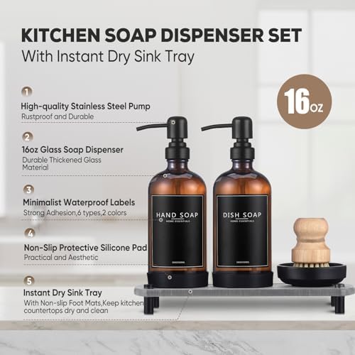Kitchen Soap Dispenser Set, 16 Oz, Amber Glass