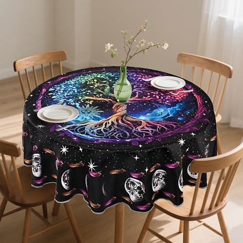 juniissl Sun Moon Tree Tablecloth Washable Round Table Cover for