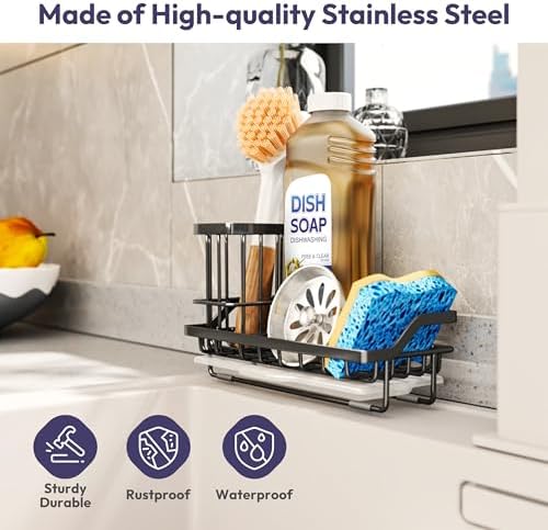 SWTYMIKI Sink Caddy Sponge Holder, Stainless Steel, Black