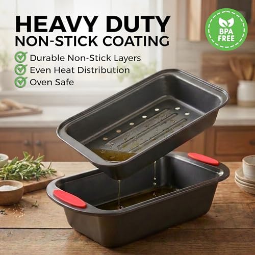 PERLLI Nonstick Meatloaf Pan with Drain Tray, Elevated Inner Pan for