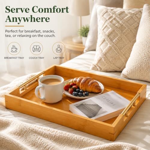 Bamboo Serving Tray, Wooden Tray with Gold Handles, 15L x10W x2H in