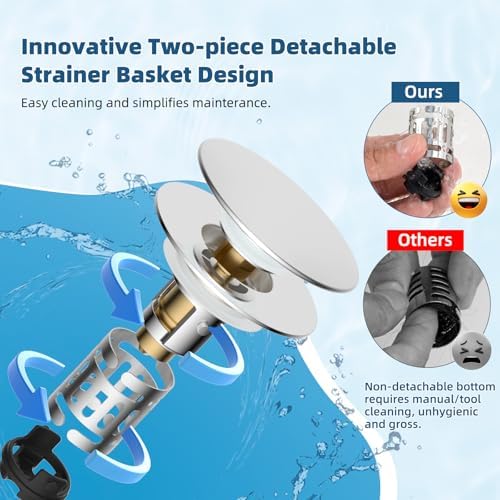 Hibbent Upgraded 3 in 1 Bathroom Sink Drain Strainer, Universal Pop Up