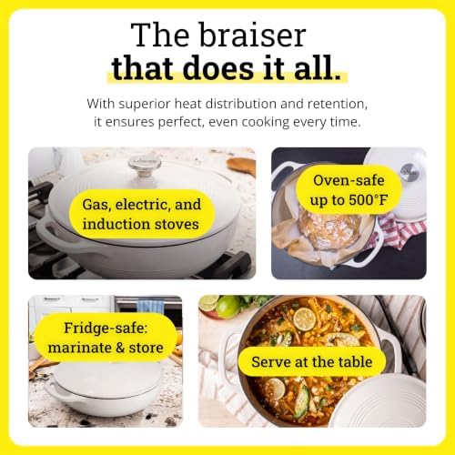 Lodge Essential Enamel Cast Iron Braiser, 3.6 Quart, Oyster White