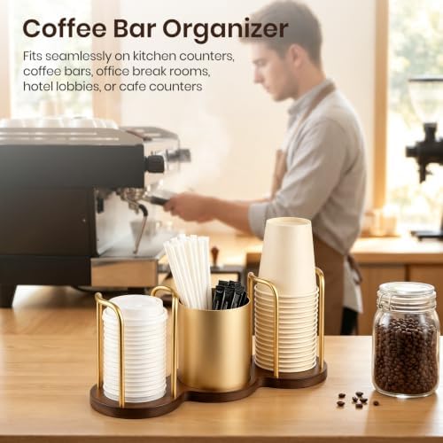 Coffee Cup Dispenser, Straw and Stirrer Storage, Gold, S