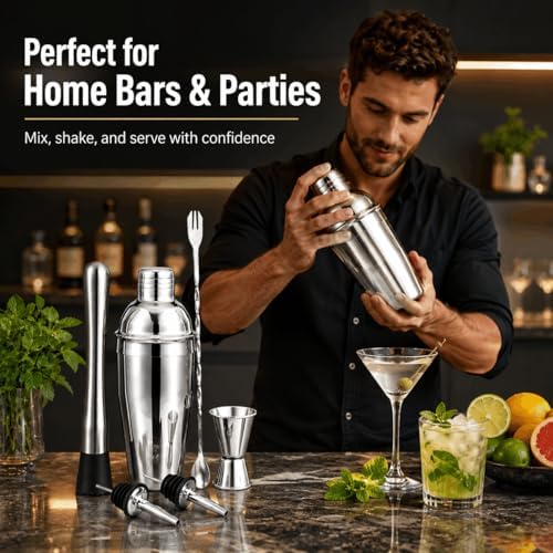 Cocktail Shaker Set, 6-Piece 18/8 Food-Grade Stainless Steel Mixology