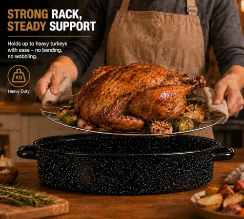 16 Inch Enamel Roasting Pan with Lid & Rack – Small Roaster Pan for Chicken, Vegetables, Lasagna – Oven & Dishwasher Safe, 932°F Heat Resistant – Includes Silicone Handles & Cleaning Sponges