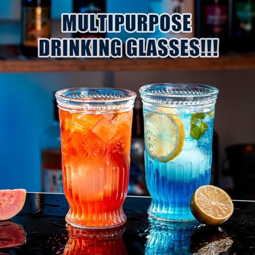 Vintage Drinking Glasses, 8 pcs Embossed Designed Highball Glasses
