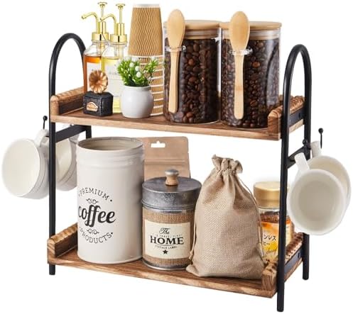 BDBDYEAY 2-Tier Coffee Bar Organizer with 4 Cup Holder Hooks