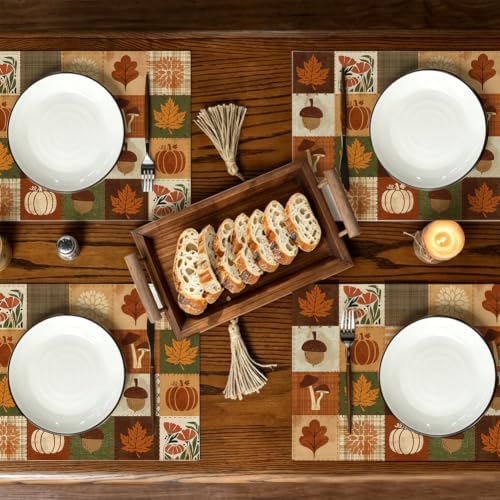 RABUSOFA Plaid Pumpkin Maple Leaves Fall Placemats Set of 4