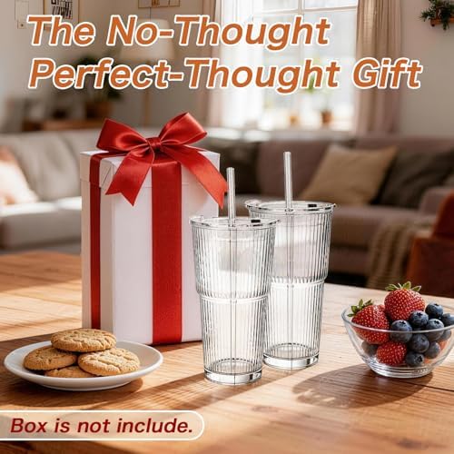 20oz Glass Tumblers with Lids and Straws, Set of 4 Iced Coffee Cups