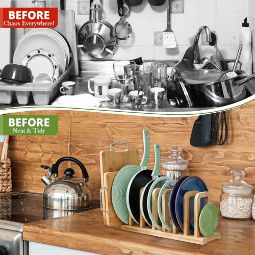 Novabright 2 Set Bamboo Cutting Board Organizer, 5-Slot Adjustable Dividers with Non-Slip Pads for Bakeware, Pot Lids, Trays, Cookie Sheets, Kitchen Cabinet Storage