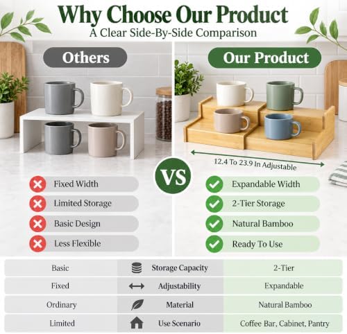 Expandable Bamboo Mug Holder, 2-Tier Expandable Coffee Mug Holder for