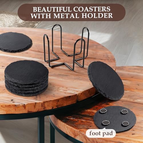 Slate Coasters Set of 8 with Metal Holder, Modern Stone Coasters for