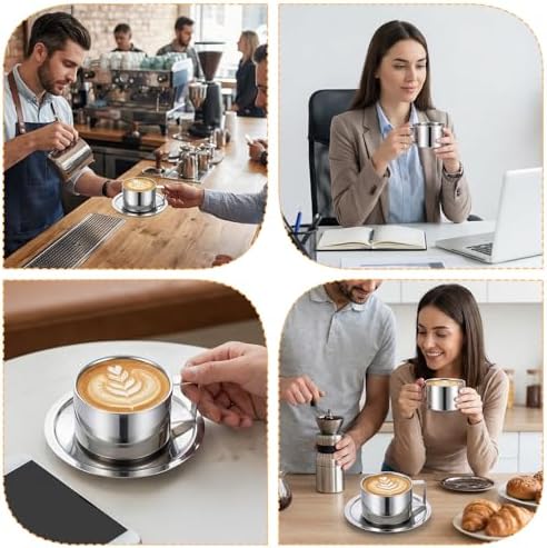4 Pcs 6.8oz Stainless Steel Espresso Cup Set Coffee Mug with Saucer &