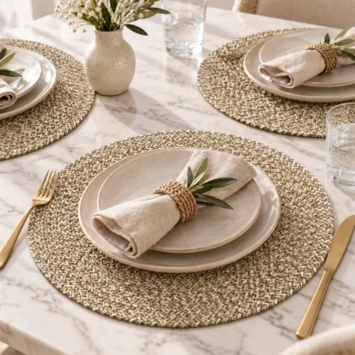 Marled Twist Set of 8 Placemats, 15" Round Cotton, Beige, Heat