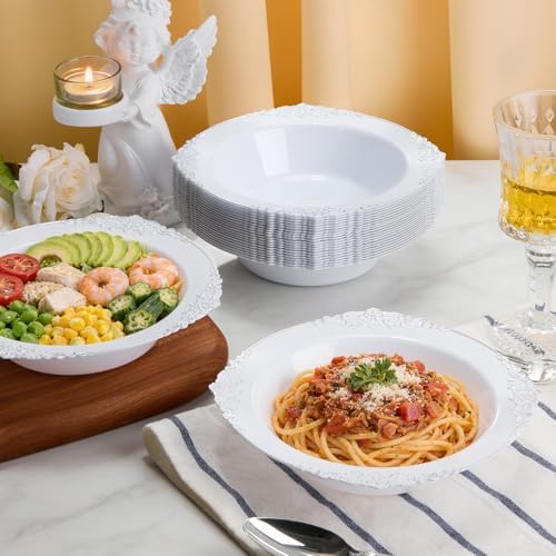 Bestluck 100 Pack White Plastic Bowls with Silver Relief Rim