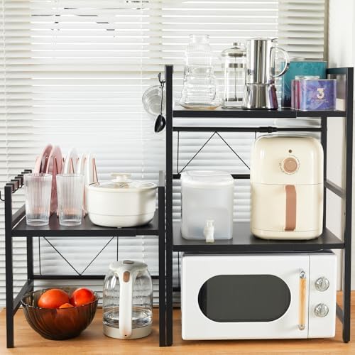 Expandable 3-Tier Microwave Rack with 6 Hooks