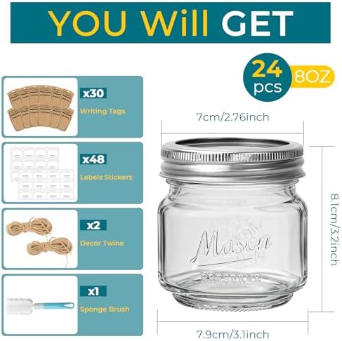 CycleMore Mason Jars 8 oz, 24 Pack Glass Canning Jars with Split Lids
