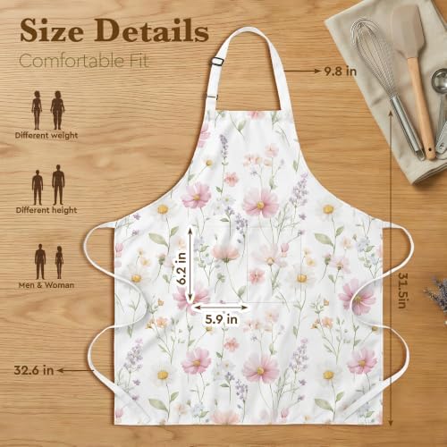 Pink Floral Apron for Women, Wildflower Kitchen Cooking Apron with