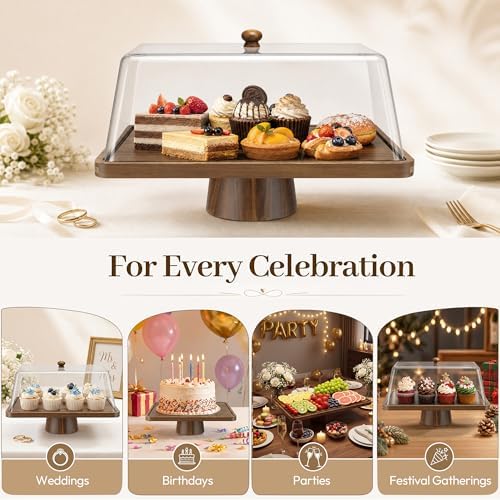 Acacia Wood Cake Stand with Shatterproof Lid, 16" 2-in-1 Rectangle
