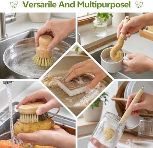 GREENTH PRO 9-Piece Bamboo Dish Brush Set with Natural Coconut Sponges