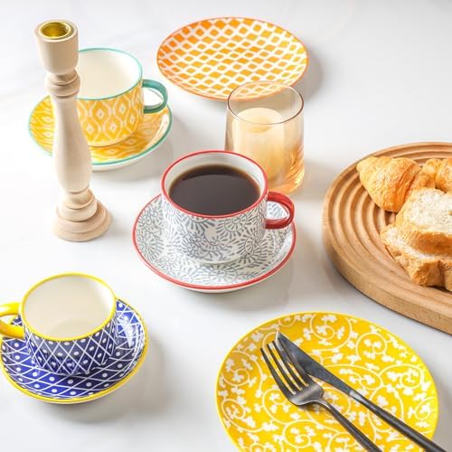 Selamica Ceramic Cappuccino Cups with Saucers and Metal Stand, 8 OZ