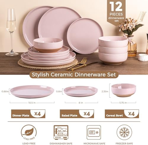 AmorArc Dinnerware Sets for 4, 12 Pieces Ceramic Plates and Bowls Set