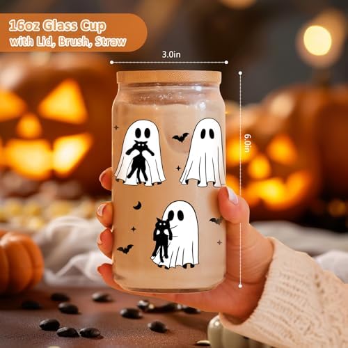 Coolife Halloween Ghost Black Cat Iced Coffee Cup, Spooky Glass